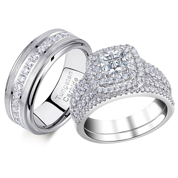 Newshe Wedding Rings Set for Him and Her Tungsten Bands AAAAA Cz Princess Cross 2.3Ct Bridal Sets Women Mens Size Size 9&7