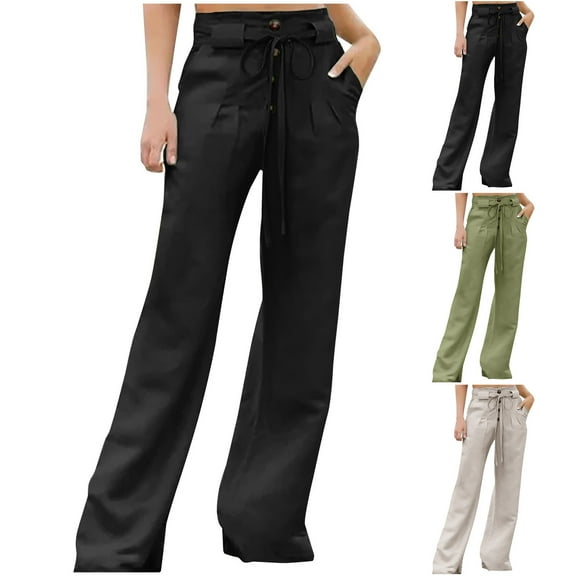 qolati Work Pants for Women High Waist Single Breasted Wide Leg Pants Office Business Palazzo Dress Trousers with Pockets