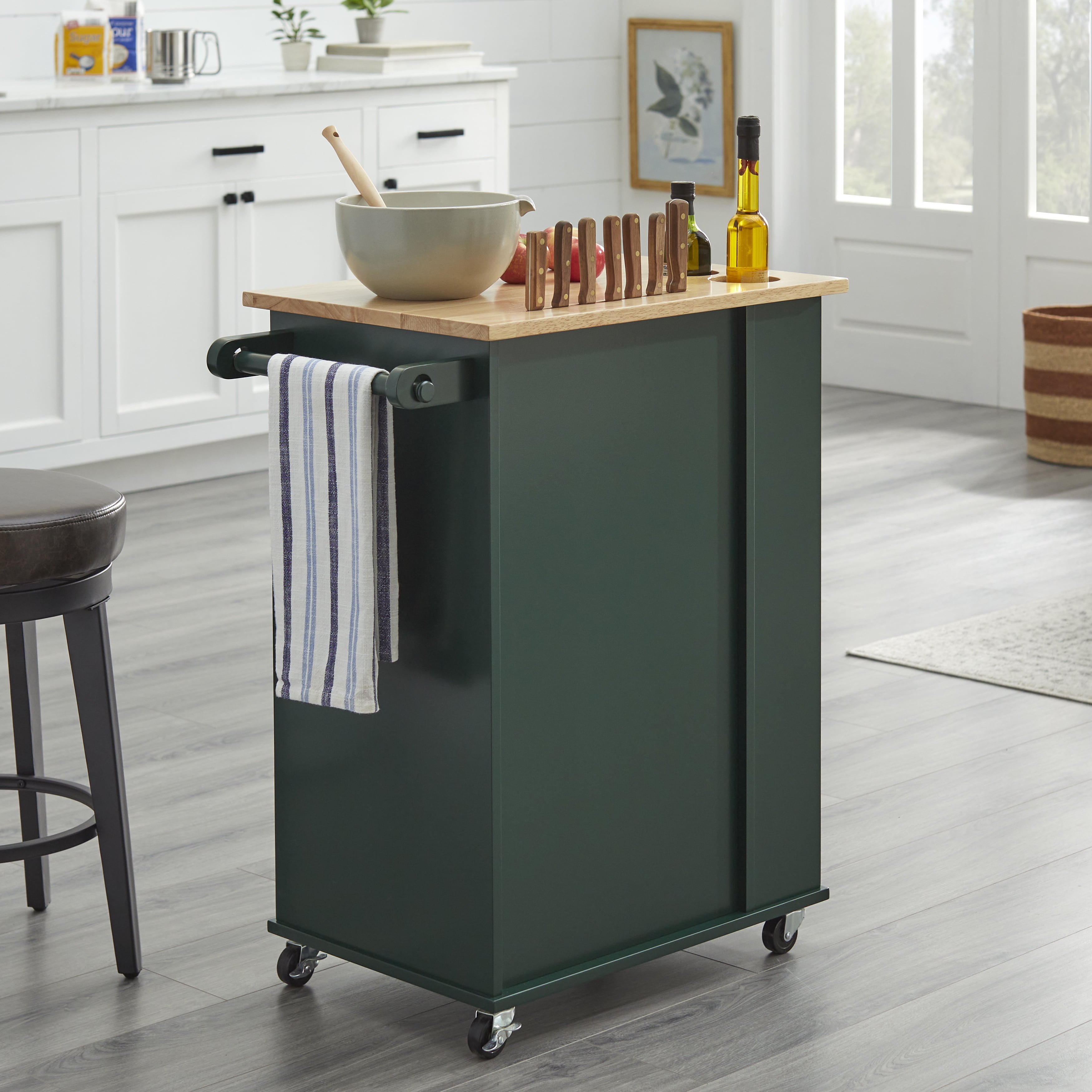 TMS Lima 3-Tier Rolling Kitchen Storage Cart with Spice Rack, Towel Bar, and Pull-Out Trash Bin Door, Dark Hunter Green