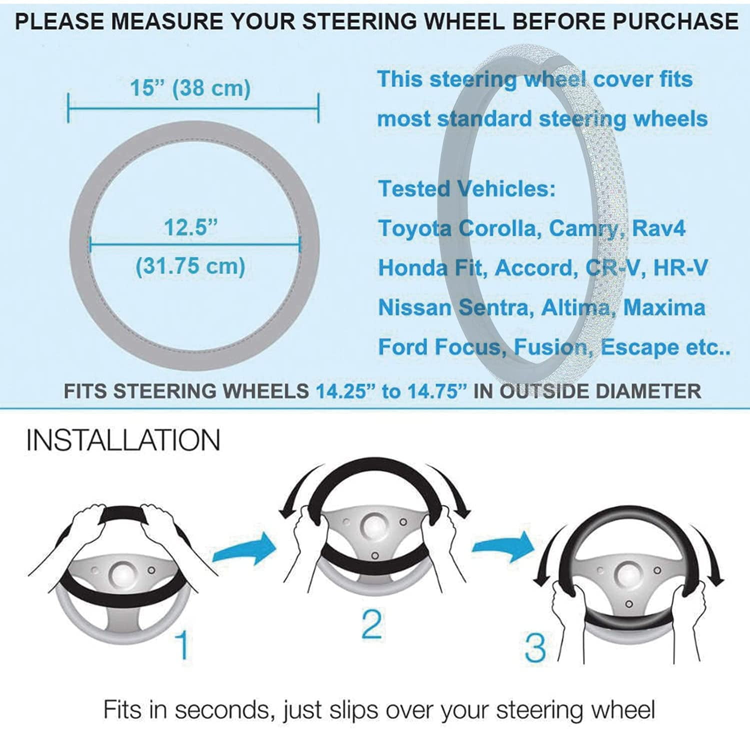 HOLDCY Steering Wheel Cover, Colorful Bling Crystal Diamond Car Wheel Protector, Compatible with Most Cars and Trucks with 14.5 to 15 Inch Steering Wheels, for Car Accessories Women Girls