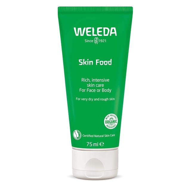 crema hidratante para la piel weleda italia srl skin food, 75 ml, paquete de 1 tubo frontal verde con tapa blanca, crema reparadora intensiva para rostro y cuerpo visible como "Skin Food", indicada para piel muy seca y agrietada y con sello de ingredientes orgánicos; a menudo usada también como mascarilla revitalizante o bálsamo labial reparador.