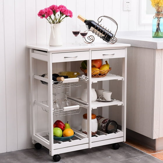 Costway Rolling Wood Kitchen Trolley Cart Island Shelf w Costway Rolling Wood Kitchen Trolley Cart Island Shelf w