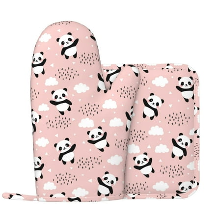 

Panda Flying in the Sky (2) Oven Mitts and Pot Holders Sets with 1 Non-Slip Left Silicone Oven Mitts and 1 Heatproof Insulated Hot Pads for Kitchen Use in Cooking Baking Grilling