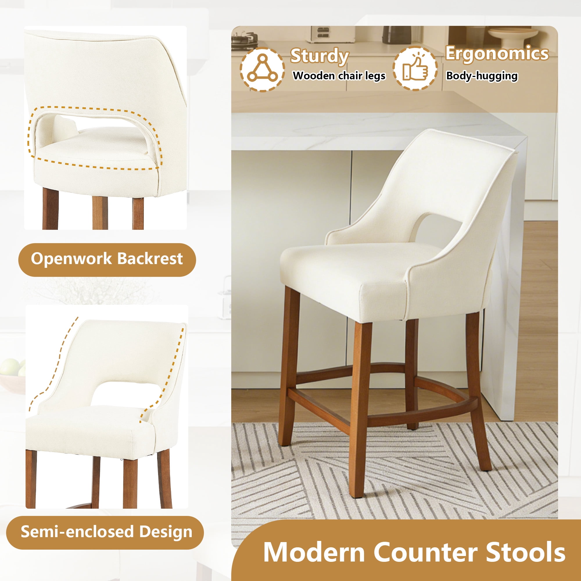 ClinQ Modern Counter Height Bar Stool Set of 2, Upholstered Seat with Back and Walnut Curved Footrest for Kitchen Island, Beige