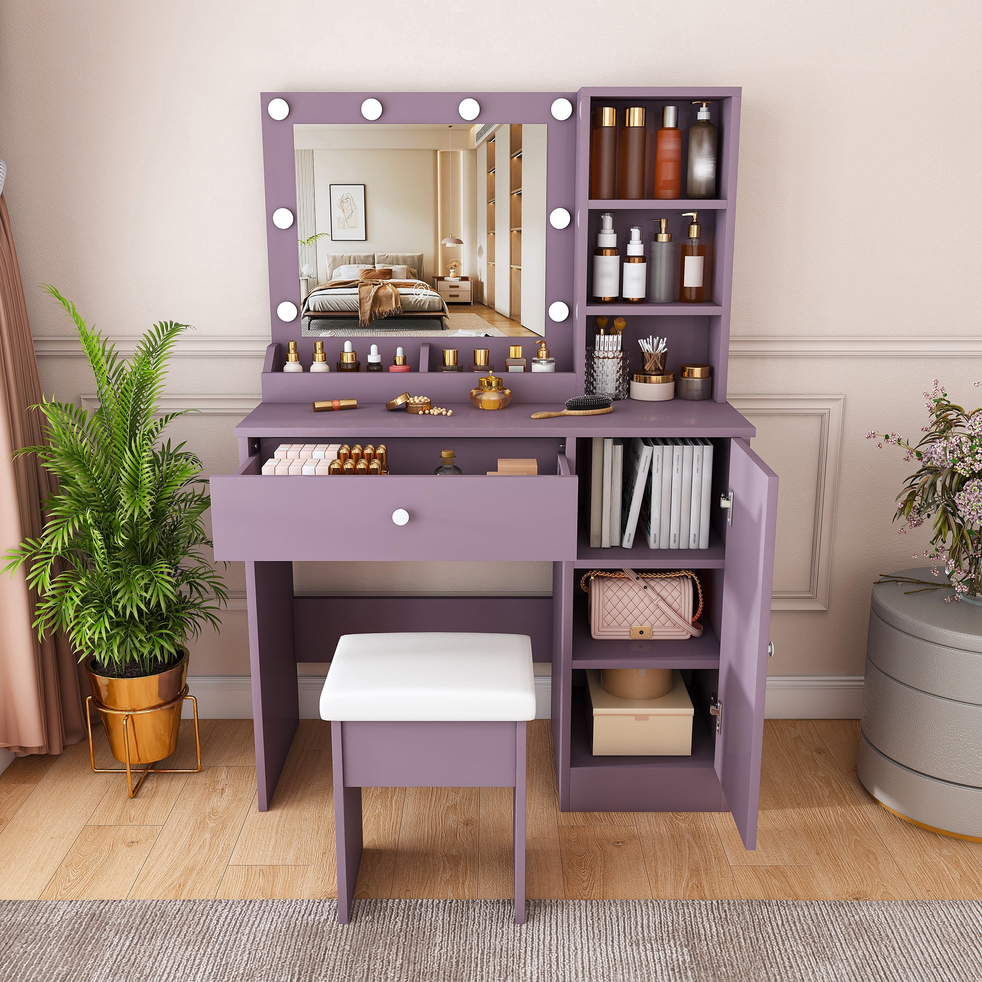 Vanity Desk Set with Padded Stool & Adjustable Lighted Mirror (Round Bulbs, 3 Color Modes), Modern Bedroom Makeup Vanity Desk Combo, Purple
