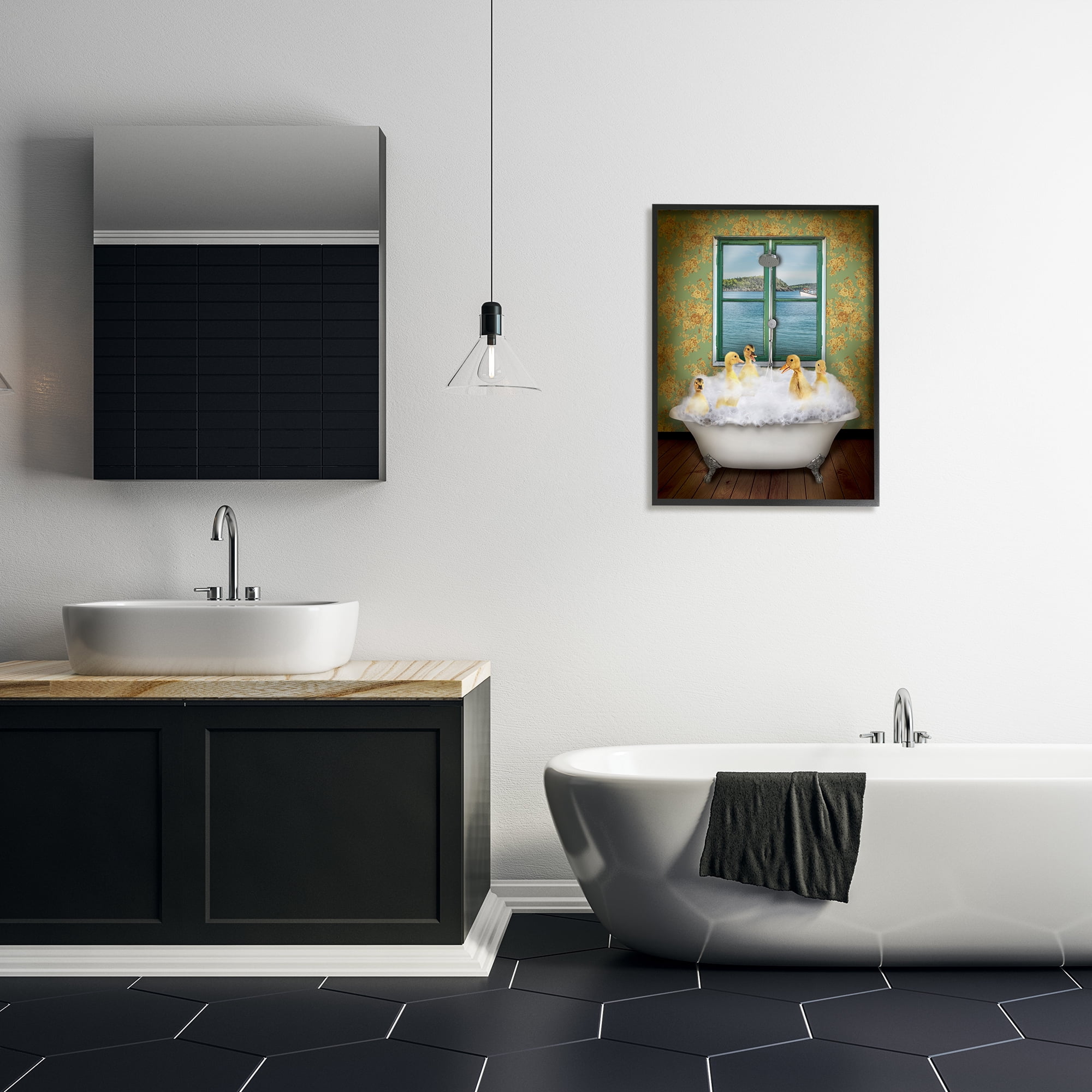 Ducks Bathing Tub Ocean View Animals & Insects Graphic Art Black Framed Art Print Wall Art