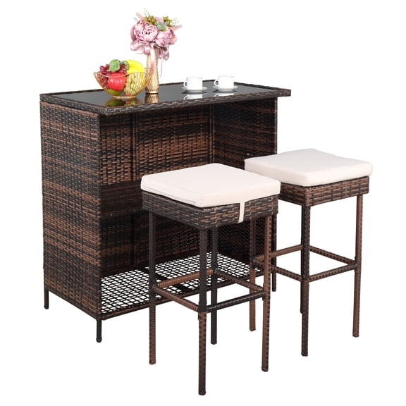 Hassch 3 Piece Patio Bar Set, Rattan Wicker Cushioned Bar Stools & Table Set with Glass Desktop for Poolside Garden, Outdoor Dining Set with Storage Shelves (Brown)