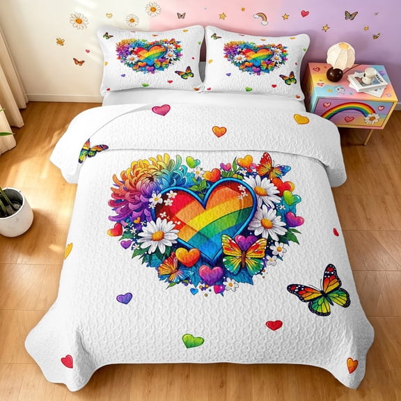 Manfei Rainbow Love Heart Twin Quilt Set, Butterfly Groovy Flower Twin Coverlet Set, White Blue, 2 Pieces, 1 Bedspread and 1 Pillowcase