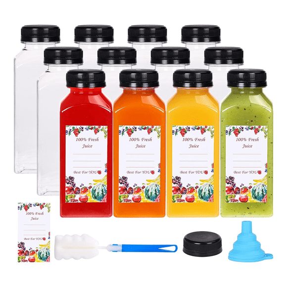 12 Pcs Bouteilles à Jus en Plastique 12oz avec Capuchons Tamper Evident, Contenants à Jus Transparents Réutilisables avec Étiquettes, Entonnoir et Brosse