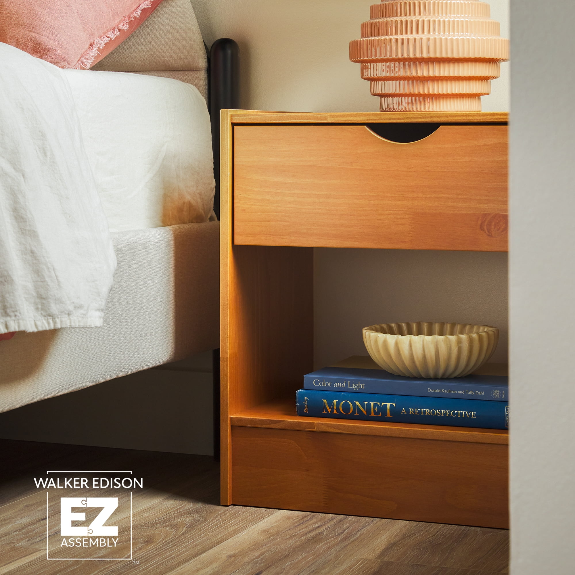 Walker Edison Declan 1 Drawer Nightstand, Caramel Brown