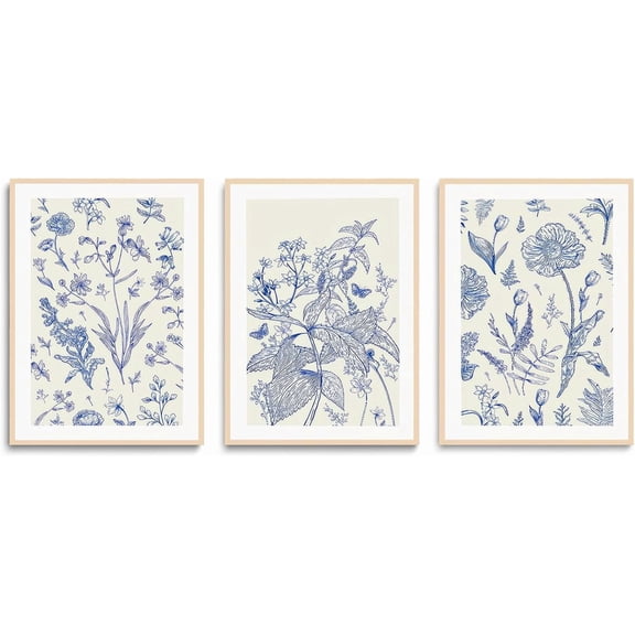FCCUYE Framed Blue White Chinoiserie Floral Canvas Wall Art Navy Watercolor Flower Painting Posters Set of 3 Minimalist Botanical Wildflower Prints Picture Home Decor for Bedroom Living room 12"x16"