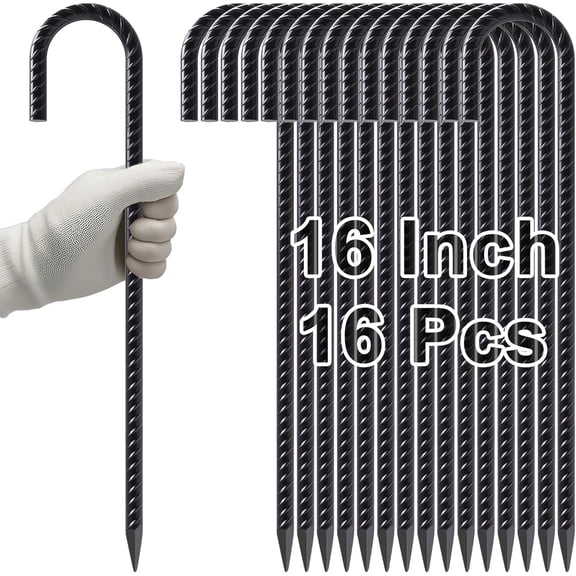 AAGUT 16 Pack 16 Inch Rebar Stakes J Hook Heavy Duty Ground Anchors Chisel Point End Steel for Fixing Camping Tents, Fences, Swings, Football Nets, Inflatable Decorations, Black