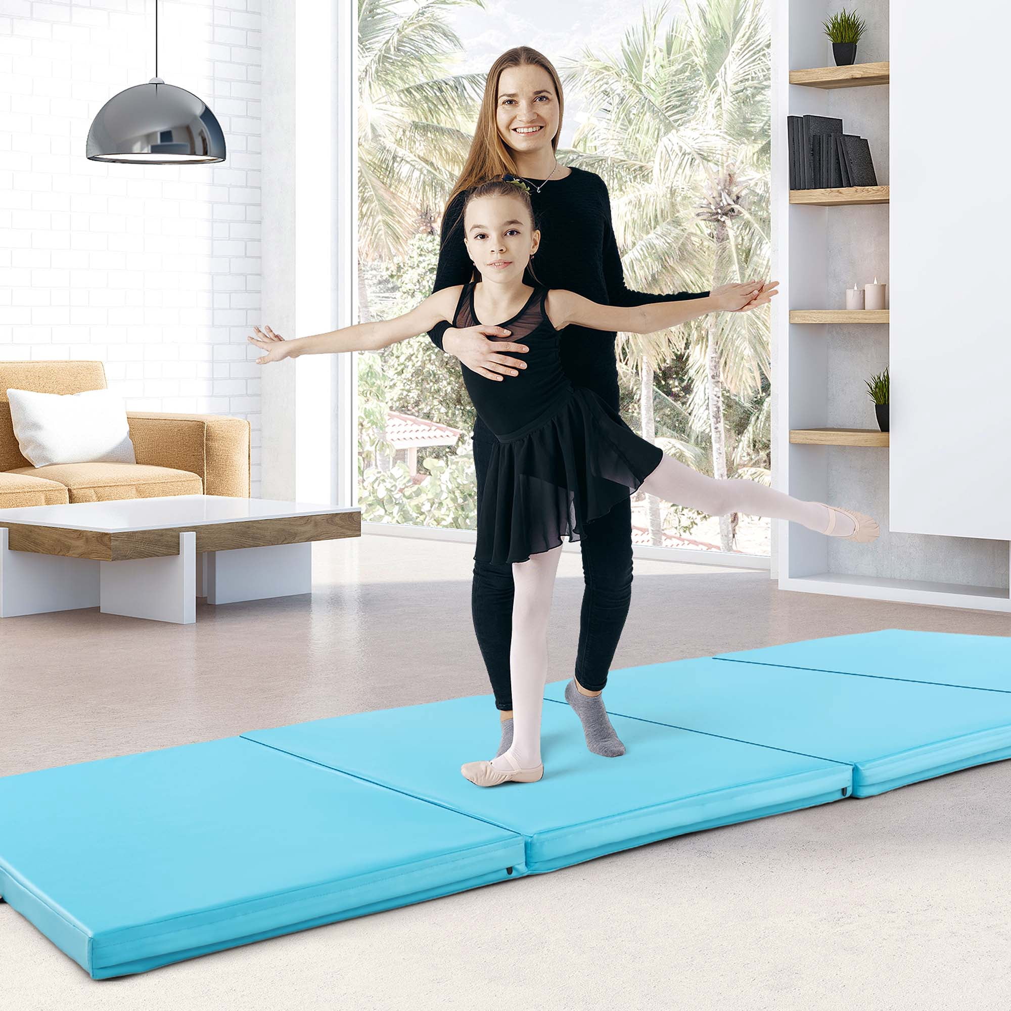Costway 10' x 4' x 2" 4-Panel Folding Exercise Mat with Carrying Handles for Gym Yoga Blue