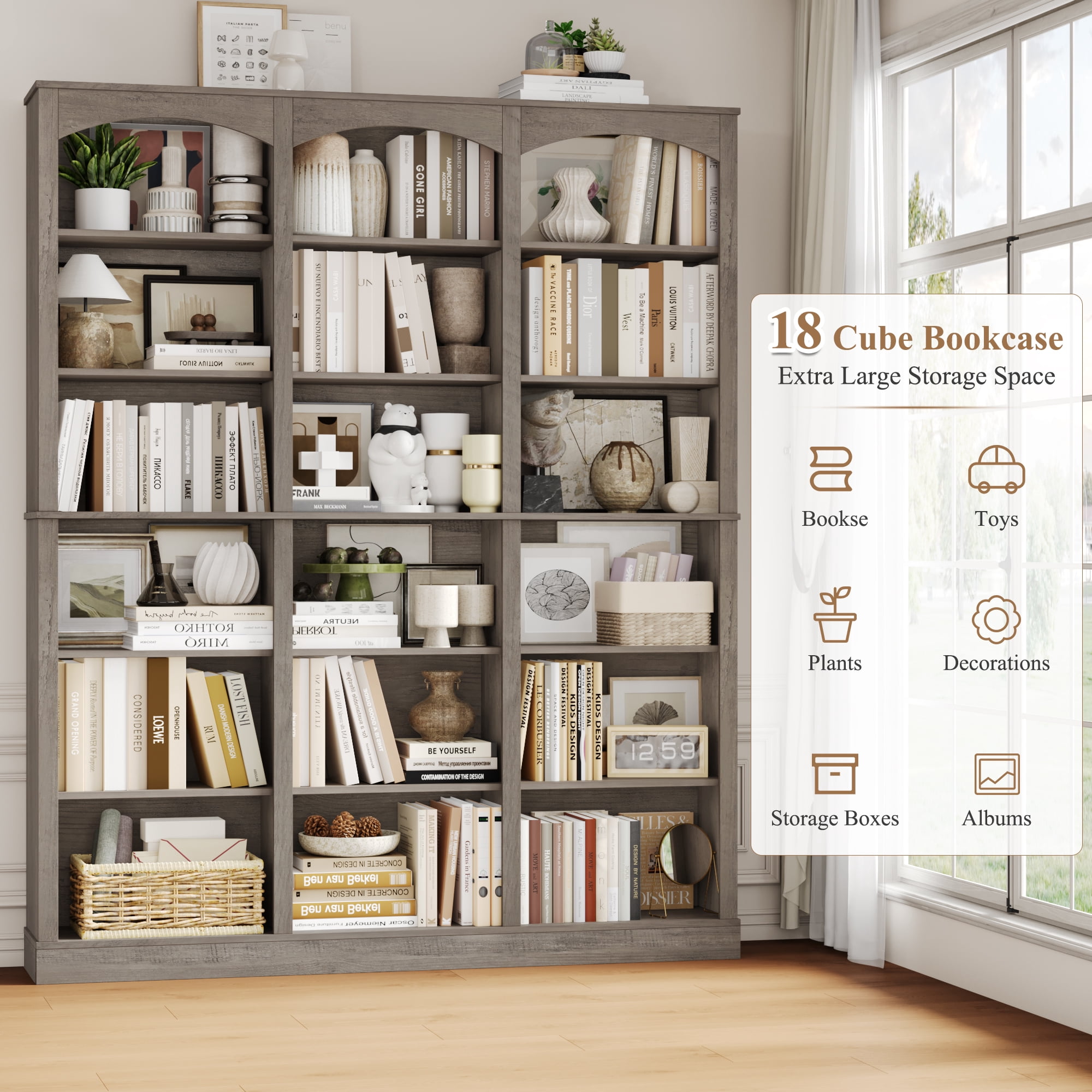 Homfa 18-Cube Bookcase and Bookshelves, 71.2" Triple Width 6 Tier Freestanding Arch Library Cabinet for Home Office Living Room, Wash Gray