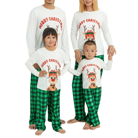 

EYIIYE Family Matching Christmas Pajamas Set Letter Elk Print Long Sleeve Tops Plaid Pants Xmas Holiday Jammies Sleepwear Outfits