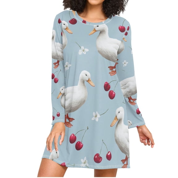 Cherries with Ducks Women's Long Sleeves Nightgowns Sleepwear Soft Pajama A-line Sleep Dress S