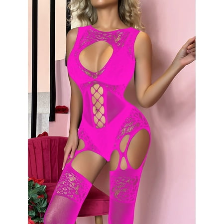 Generic Sexy Sexy Fishnet Stockings Jumpsuit Fishnet Clothes Sexy Lingerie Sling Jacquard Hollow Uniform Temptation