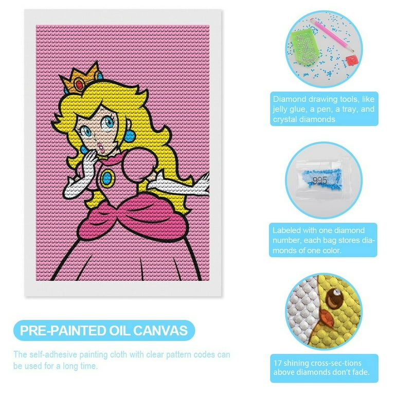 5D Diamond Painting Kit - Princess Peach & Toadstool, Round Full Drill, 30x40 Cm DIY Art
