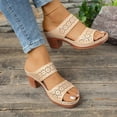 thumbnail image 3 of Rokment Womens Platform Chunky Block High Heels Dress Slides Sandals Boho Beach Summer Casual Leather Fish Mouth Open Toe Slip on Heeled Slippers for Ladies 2026 Beige Size 6, 3 of 8