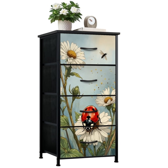 Dresser for Bedroom with 4 Storage Drawers Ladybug Daisies Bee Bright Garden Scene Dressers Chest of Drawers Steel Framed Fabric Closet Organizers for Dorm Entryway End Table Living Room