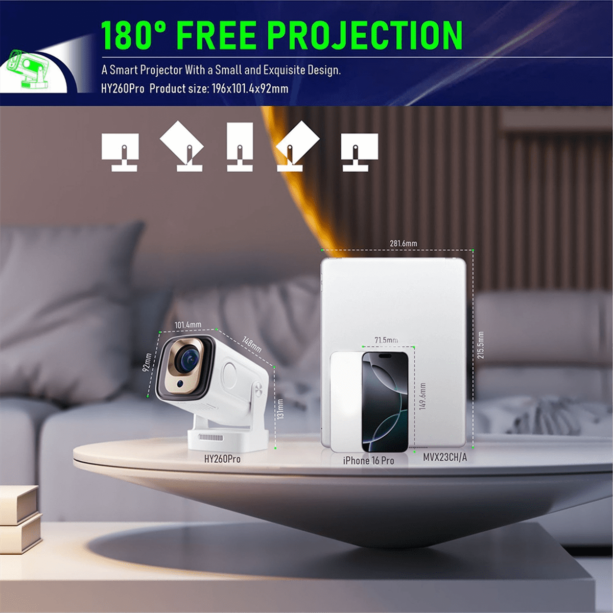 HY260 PRO 1080P Android 11 4K Projector 200ANSI Wifi6 BT5.4 Cinema Outdoor Portable 180°Rotable Projector Global US Plug