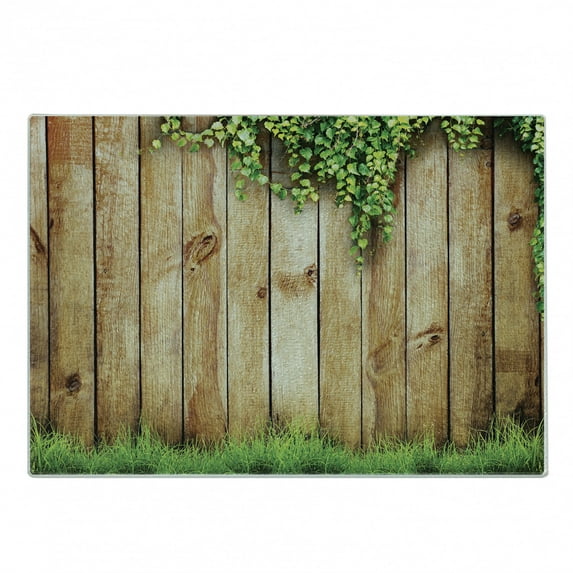 Rustic Cutting Board, Fresh Spring Season Grass and Leaf Plant over Old Wood Fence Garden Field Photo, Decorative Tempered Glass Cutting and Serving Board, Small Size, Green Brown, by Ambesonne