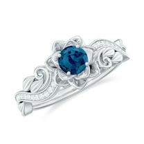 Rosec Jewels Floral Inspired London Blue Topaz Ring with Diamond for Women - AAA Quality, 925 Sterling Silver, US 9.00