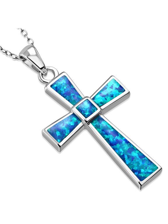 925 Sterling Silver Simulated Blue Opal Religious Cross Pendant Necklace, 18"