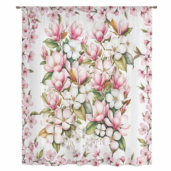 Spring Floral Sheer Curtains 45 Inches Long, Retro Pink Orchid Flowers Leaves Botanical Light Filering Curtains, Breathable Simi Curtain Privacy Drapes for Kitchen Bathroom Small Window Treatment