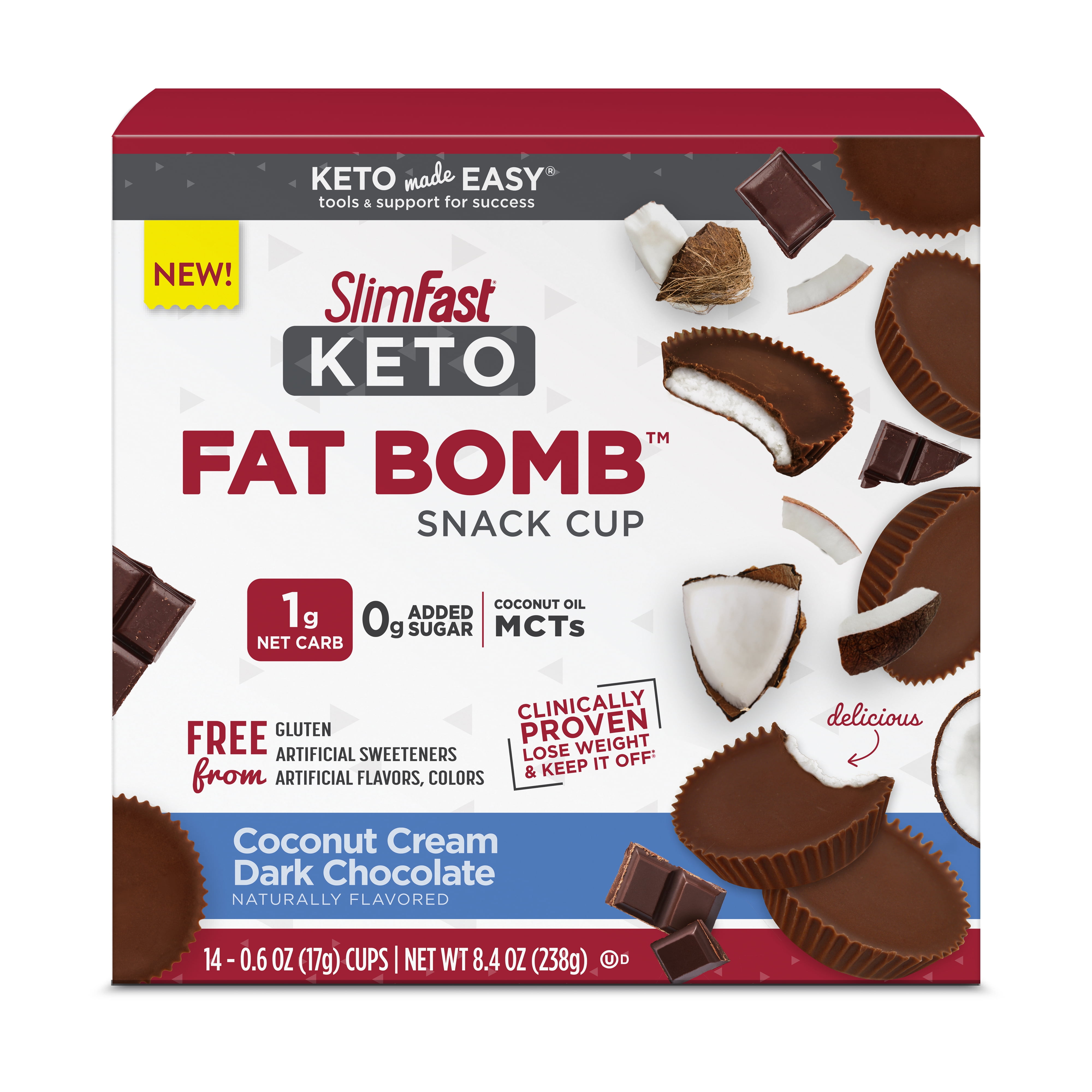 SlimFast Keto Fat Bomb Snack Cup, Coconut Cream Dark Chocolate, 14 Ct