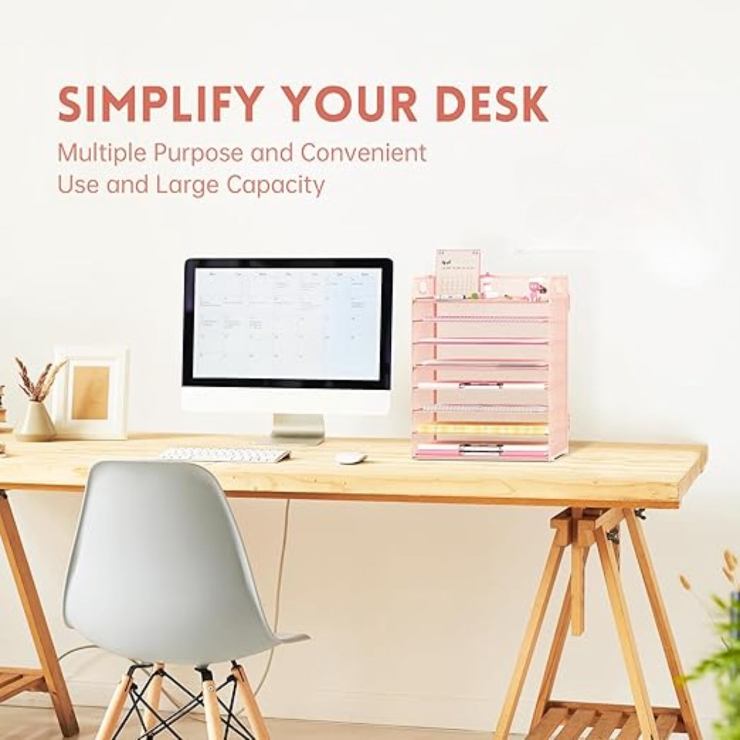 INTIGE 8-Tier Metal Desk File Organizer with Handles, Desktop Paper Organizer, Pink