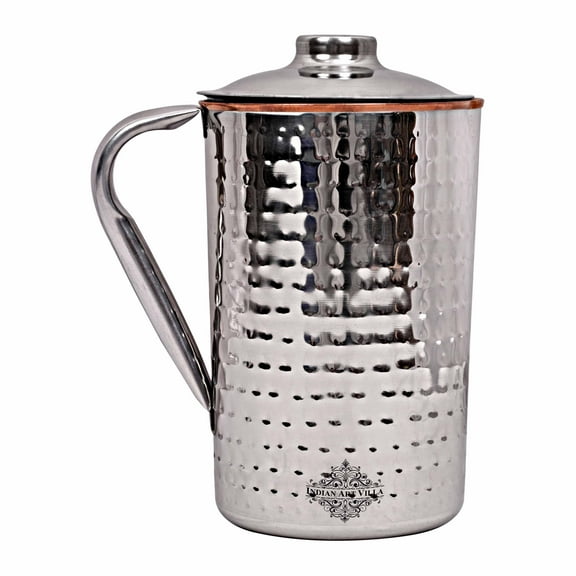 Indian Art Villa Steel Copper Hammered Design Jug with Elegant Design, Silver & Brown, Drinkware, 33.8 oz