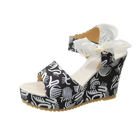 

Strap Buckle Sandals for Women Toe Wedges Open Shoes Beach Breathable Weave Booties Bow Graphic for Women Cute Black 6