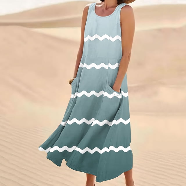 LSLJS Nouvelle Robe Longue Sans Manches en Coton et Lin à Col Rond Imprimée, Robe d'Été de Plage