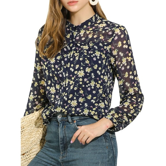 MODA NOVA Junior's Button Down Long Sleeve Floral Chiffon Ruffle Shirt Navy Blue L