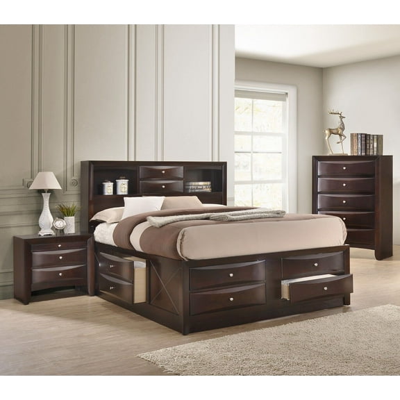 Contemporary Queen Size 3pc Bedroom Set Storage Bed Chest Nightstand Brown Cherry Finish Solid Wood Furniture