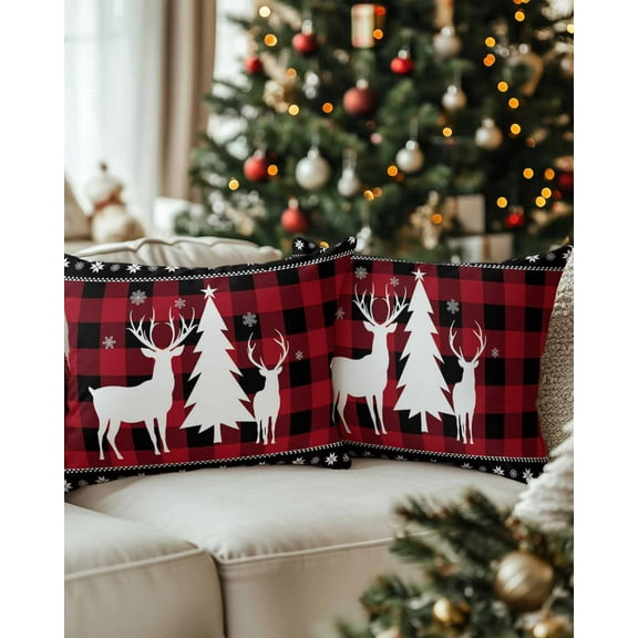 Christmas Decorative Throw Pillow Covers 12x20 Inch Set of 2 Christmas Tree Reindeer Pillow Cases for Couch, Red Plaid Cushion Case for Living Room Bedroom Bed Car Chair