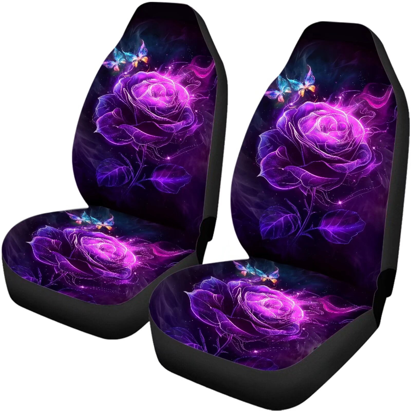 Pzuqiu Purple Rose Butterfly Full Set Universal Seat Covers for Cars Breathable Car Seat Cushion Easy to Install Front and Rear Split Bench Seat Covers Universal Fit Cars Sedans Trucks, Purple
