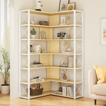 PORKISS 7-Tier Tall Corner Bookshelf, Wood 70.9" L-shaped Corner Bookcase with Metal Frame, Freestanding Open Display Storage Shelf for Living Room, Home Office, Modern Etagere Bookcase, Oak