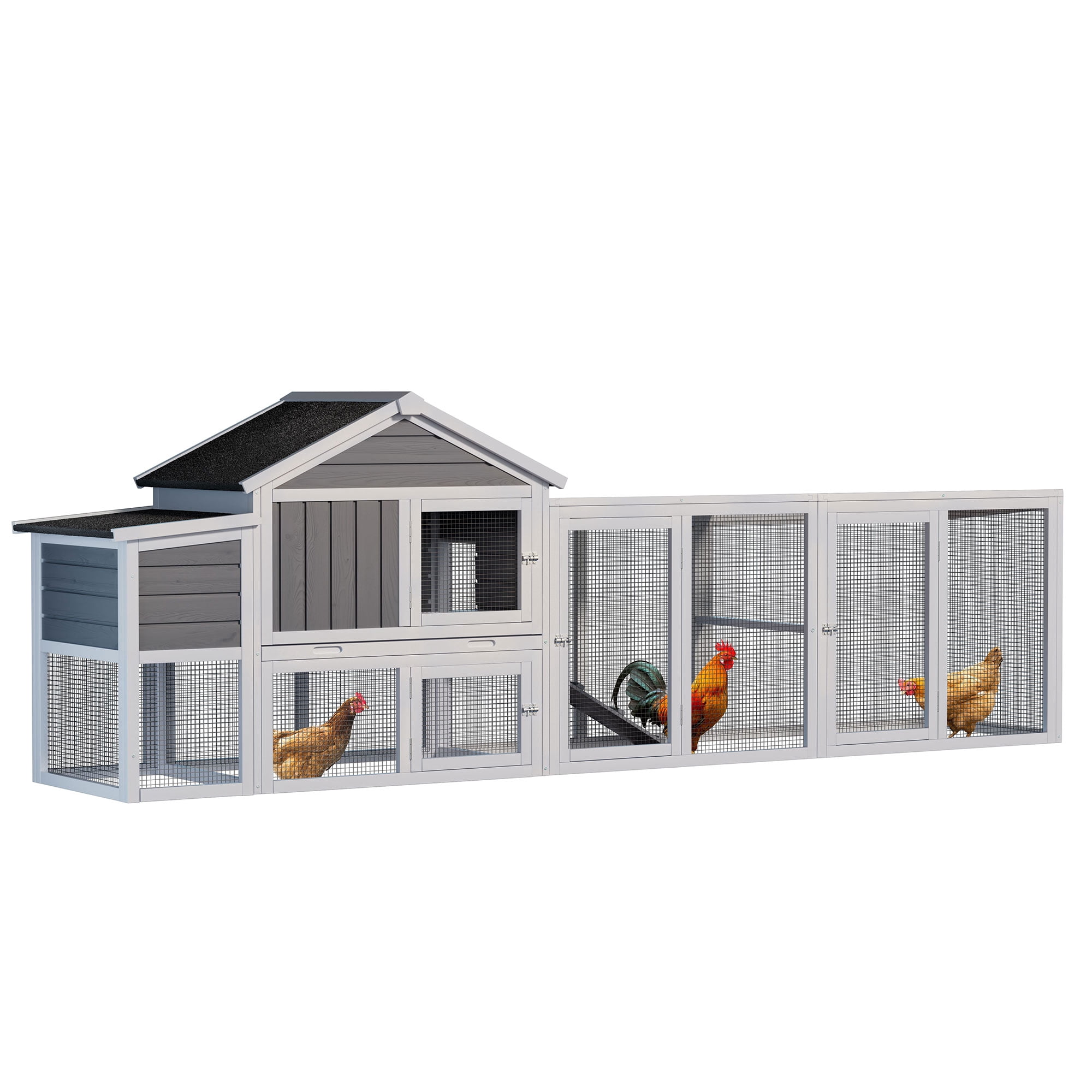 Chicken Coop, Outdoor Hen House, Large Wooden Chicken Run with Waterproof Asphalt Roof, UV-Resistant Panels, Nesting Box and Sliding Door, Removable Tray for Backyard Chickens, Gray 111.5 Inch