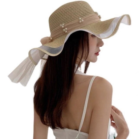 CoCopeaunts New Sun Hats for Womens Straw Hat Gauze Joint Bow Ribbon Large Brim Sunshade Outing Fashion Beach Holiday Hat