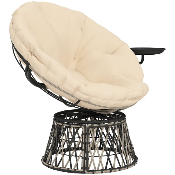 360 Degree Swivel Outdoor Papasan Chair with Side Tray Thickened Cushion for Indoor Patio Beige