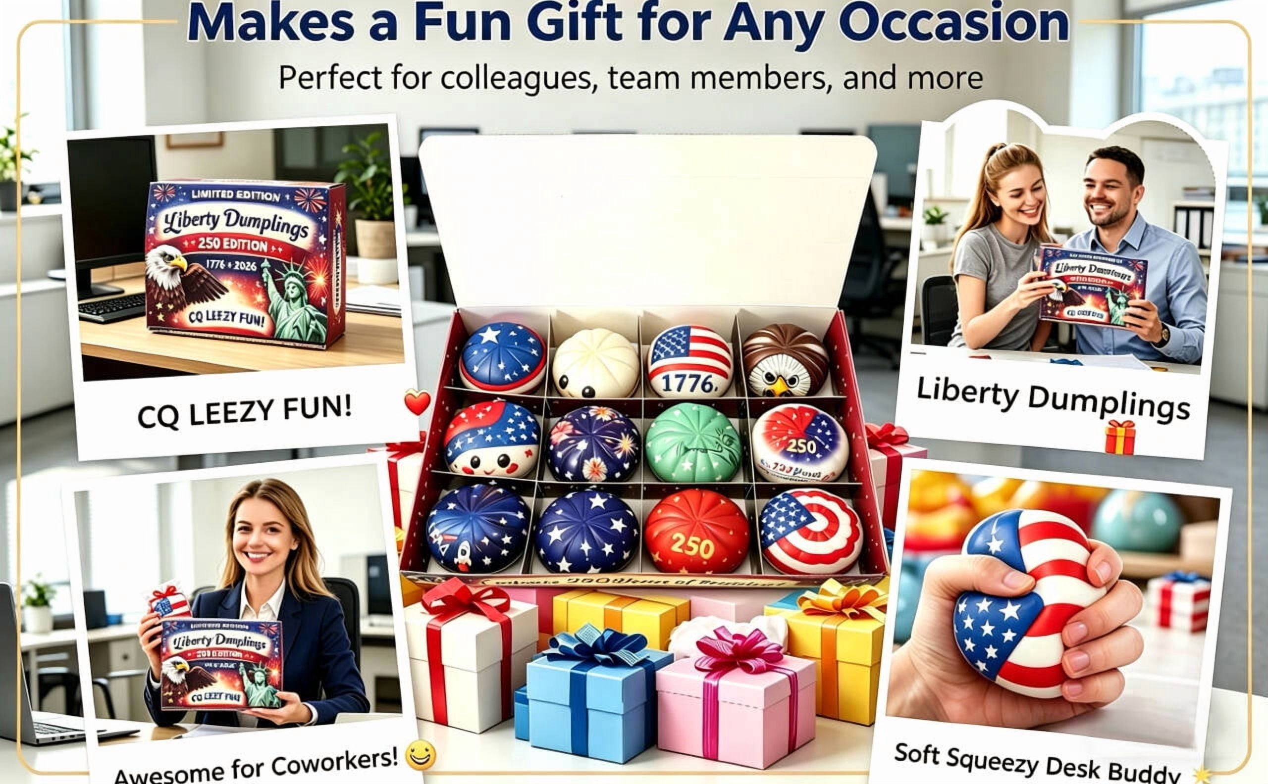 12 Pcs Liberty Dumplings 1776-2026 USA 250 Year Anniversary Dumpling Squishies, Squishy Fidget Fidget Toys for Anxiety Relief, 250 Anniversary USA Giant Glitter Dumplings Box for Adults (Muticolor)