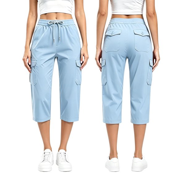 HBYJLZYG Women's Cargo Capri Pants with Elastic Drawstring Waist and Multiple Utility Pockets, Summer Outdoor Activewear for Hiking, Travel, and Daily Casual Wear