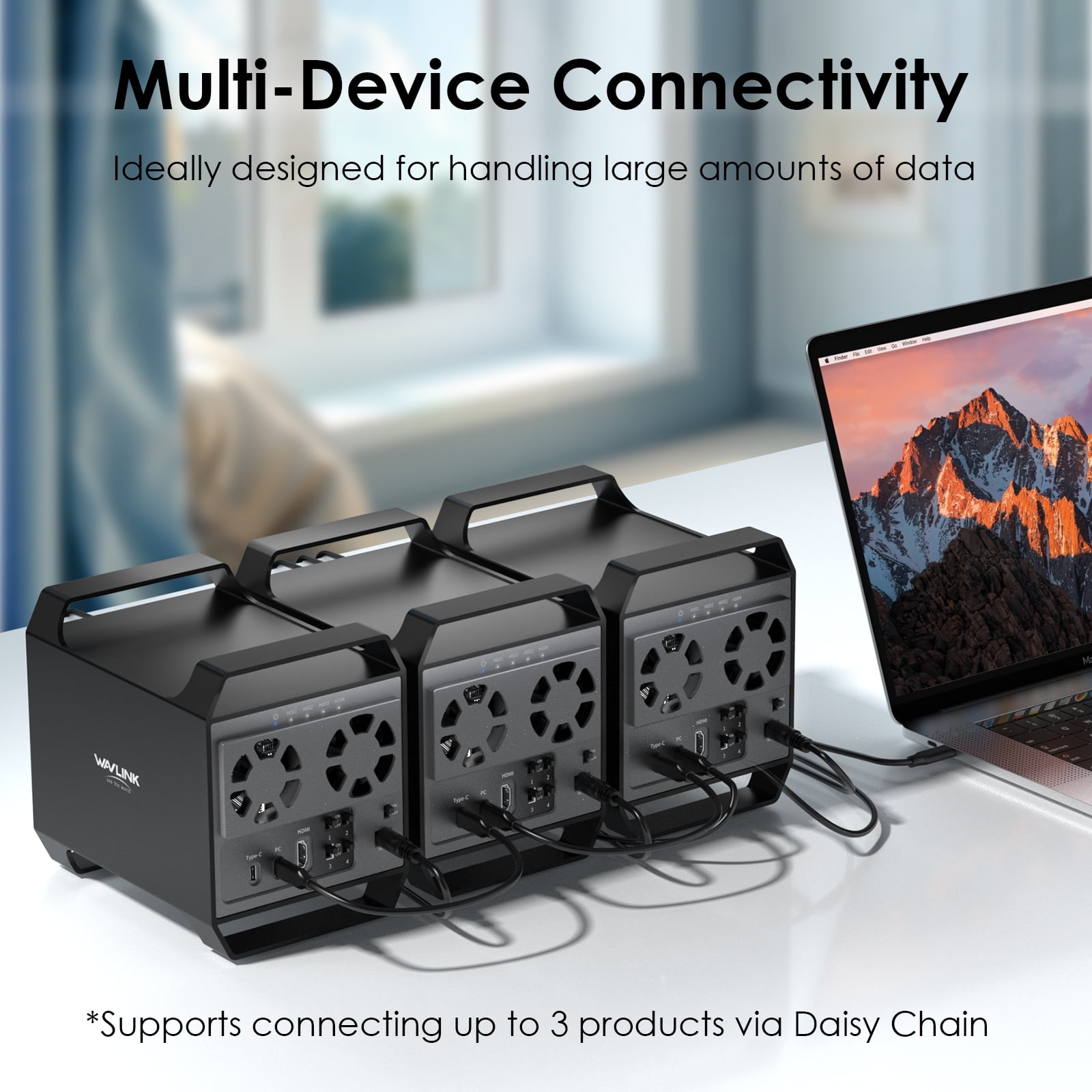 WAVLINK 4-Bay Hard Drive Enclosure for 3.5" and 2.5'' SATA HDD/SSD Featuring 10Gbps USB-C 3.2, 88TB Capacity, Built-in Temp-Controlled Cooling Fans, HDMI 4K Video Output, Aluminum Alloy Shell