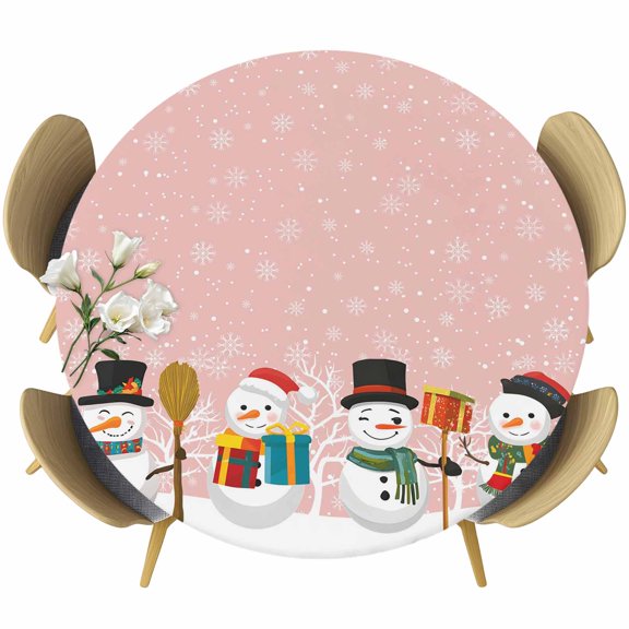 Pink Snowman Table Cloth, Round Fitted Tablecloths with Elastic Edge, Christmas Winter Snowflake Xmas Tree Wipeable Waterproof Table Cover for Kitchen Wedding 36-44 Inches