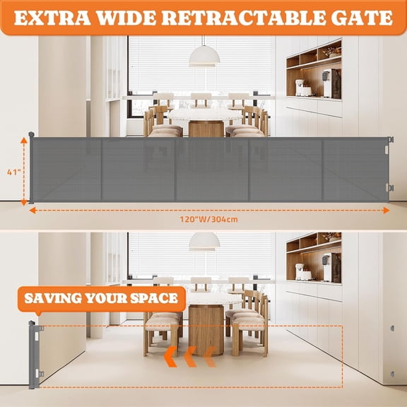 120 Inch Retractable  Gate  Wide with Reinforced Strips, 41 Tall Dog Gate for Garage Indoor Outdoor Pet Safety
