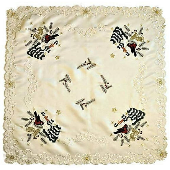 Doily Boutique Christmas Tablecloth or Table Topper Square Embroidered with Red Cardinals on Antique Fabric, 36 inches