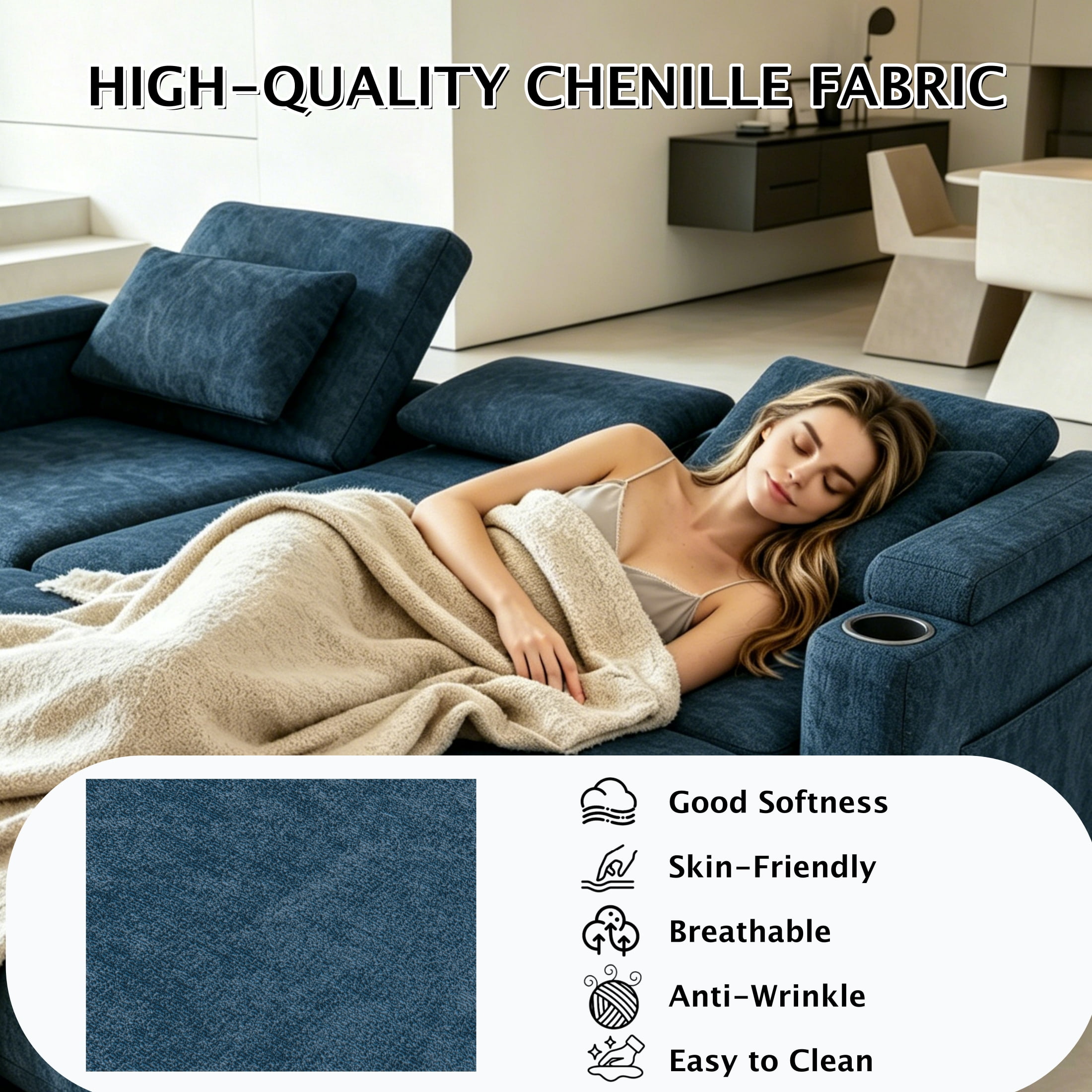 ShiKeyi 83" 3-in-1 Convertible Sofa Bed, Chenille 3 Seater Couch with Sleeper Sofa Function, Adjustable Backrest, USB Ports & Storage Armrests, Blue