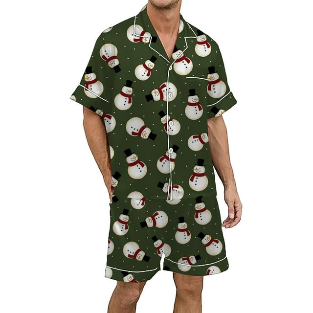 Pyjama pour Hommes de Noël Multicolore Imprimé Pantalon de Pyjama pour Hommes en Soie Satinée Ensemble de Pyjama à Manches Courtes pour Hommes Ensemble de Pyjama à Boutons